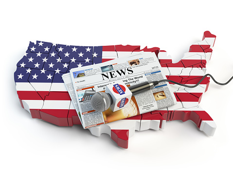 News of USA, press and  journalism concept. Microphone and newspaper on the map in colors of the flag of USA. 3d illustration\nAll textures were created me in Adobe Illustrator. All used photo were created me by Canon 60D