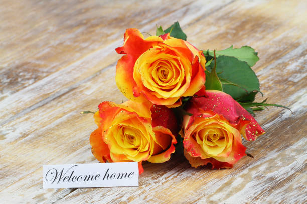 istock Welcome home card with colorful roses on rustic wooden surface 1033302428