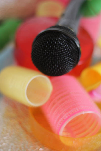 istock Black Microphone on colorful Hair Styling Rollers 1033310232