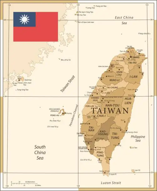 Vector illustration of Map of Taiwan - Vintage Vector