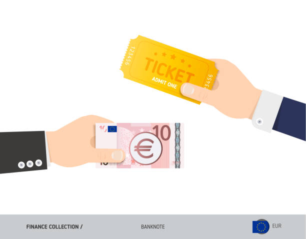 рука дает 10 евро и билет вместо. иллюстрация вектора плоского стиля. концепция финансирования бизнеса. - bank symbol computer icon european union euro note stock illustrations