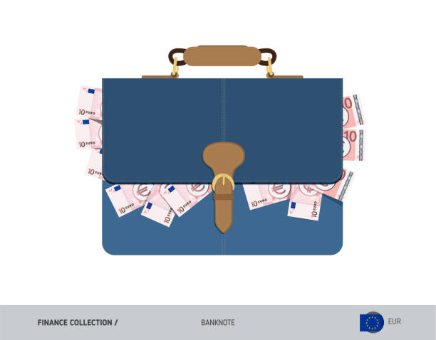 синий кожаный портфель с банкнотами номиналом 10 евро. иллюстрация вектора плоского стиля. выплата заработной платы или коррупционная конц� - bank symbol computer icon european union euro note stock illustrations