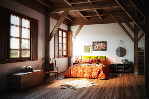 Digitally generated cozy and rustic home interior.\n\nThe scene was rendered with photorealistic shaders and lighting in Autodesk® 3ds Max 2016 with V-Ray 3.6 with some post-production added.