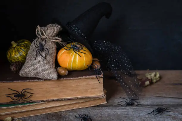 Halloween holiday background with pumpkin lantern spiders old books black witchhat toned