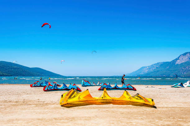 Akyaka, Turkey - August 14, 2018 : People are riding kitesurfing in Gokova Gulf of Turkey.