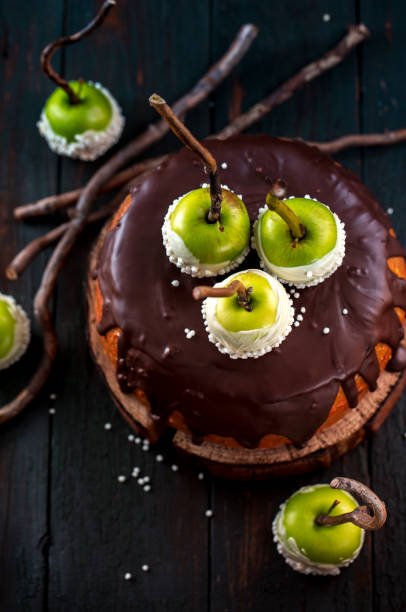 torta con mele verdi. vista dall'alto - branch close up dark sullen foto e immagini stock