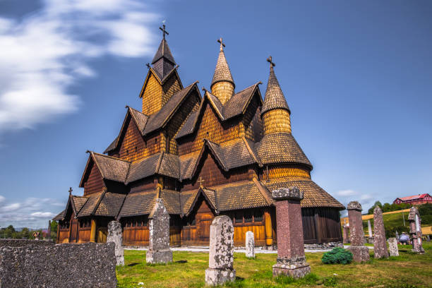 Heddal - August 01, 2018: Medieval Heddal stave church, the largest of the remaining stave churches in Telemark, Norway stock photo
