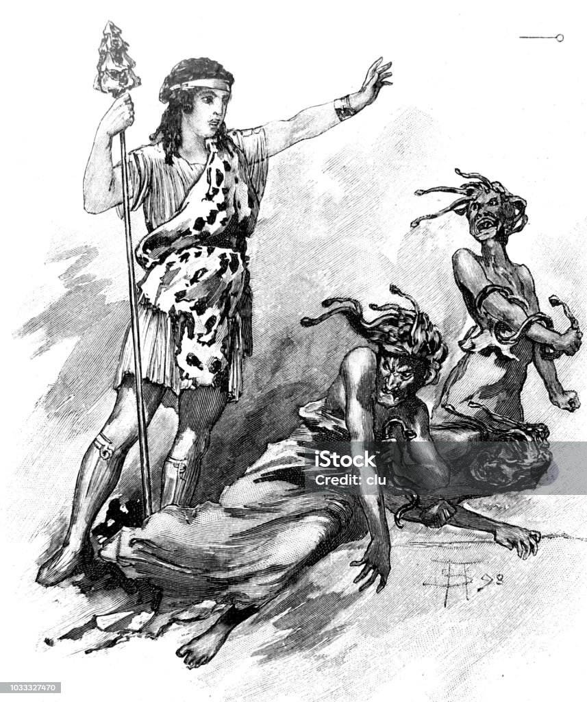 Bacchus chases devils away Illustration from 19th century Archival stock illustration