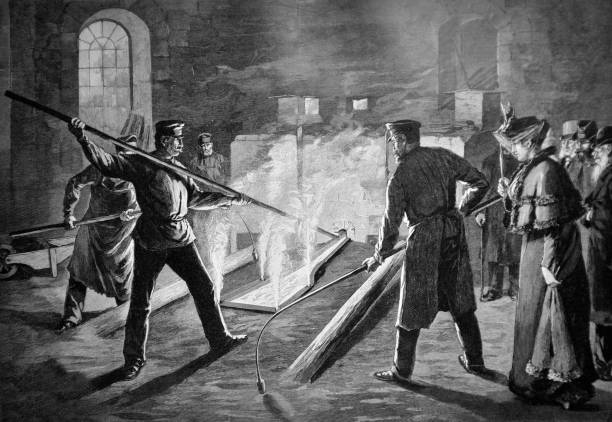 Group of visitors looks at the work in the steelworks - 1895 vector art illustration