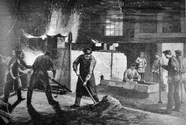 Men work in the steelworks - 1895 vector art illustration