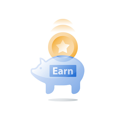 Earn points, loyalty program, collect bonus tokens, cash back, piggy bank, perks concept, vector icon, flat illustration