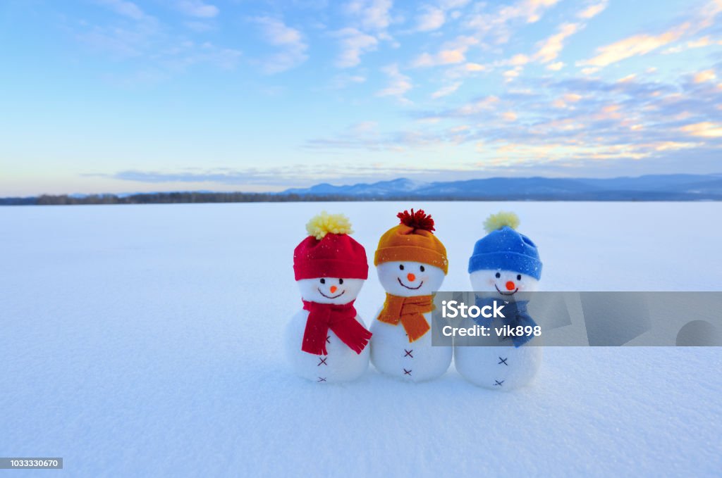 Bạn Bè Người Tuyết Trong Màu Đỏ Xanh Dương Mũ Vàng Và Khăn Quàng Cổ Phong  Cảnh Mùa Đông Đẹp Với Núi Non Cánh Đồng Trong Tuyết Hình ảnh Sẵn có -
