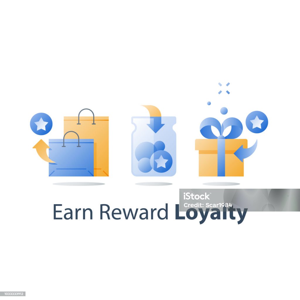 Earn gift, reward points, loyalty concept, incentive program, redeem gift, present box, collect bonus Reward points, earn gift, loyalty concept, incentive program, redeem gift, present box, collect bonus, shopping bags, vector icon, flat illustration Incentive stock vector