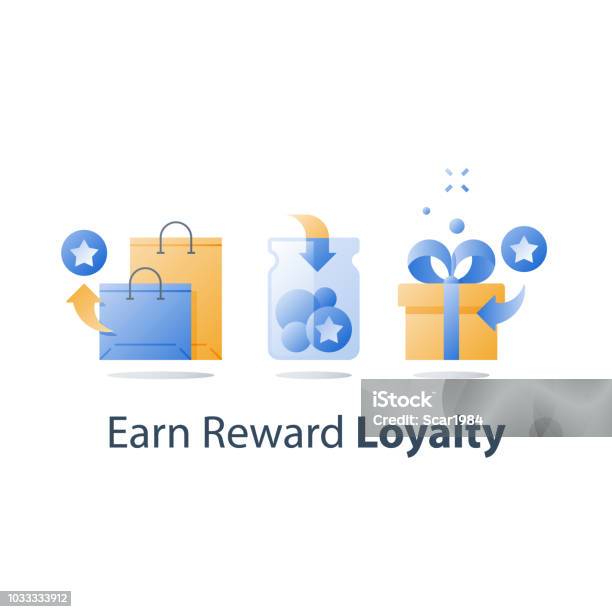 Earn Gift Reward Points Loyalty Concept Incentive Program Redeem Gift Present Box Collect Bonus Stock Illustration - Download Image Now