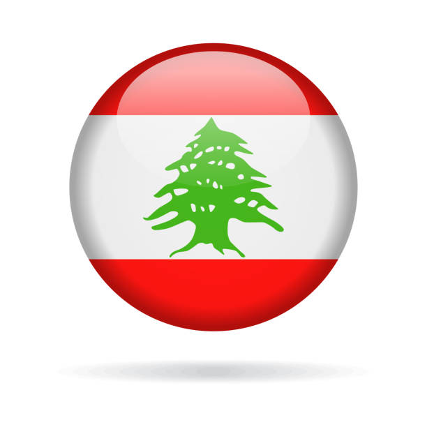 lebanon - ikon vektor bendera bundar mengkilap - bendera lebanon ilustrasi stok