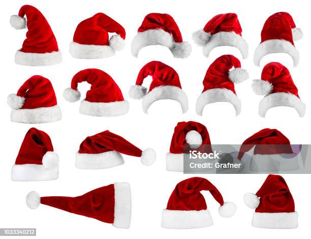 Grande Collezione Di Cappelli Di Babbo Natale - Fotografie stock e altre immagini di Cappello da Babbo Natale - Cappello da Babbo Natale, Natale, Cappello