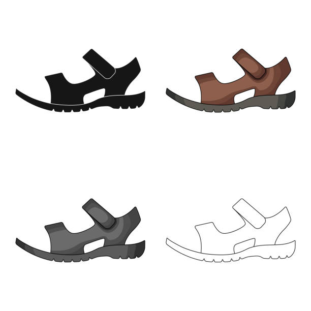 Men summer brown leather sandals on a bare foot.Different shoes single icon in cartoon style vector symbol stock illustration web Men summer brown leather sandals on a bare foot.Different shoes single icon in cartoon style vector symbol stock illustration. male legs bare feet stock illustrations