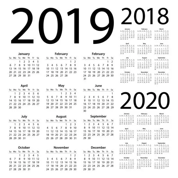 Vector illustration of Calendars 2019 2018 2020 Simple - American International Version. Days start from Sunday