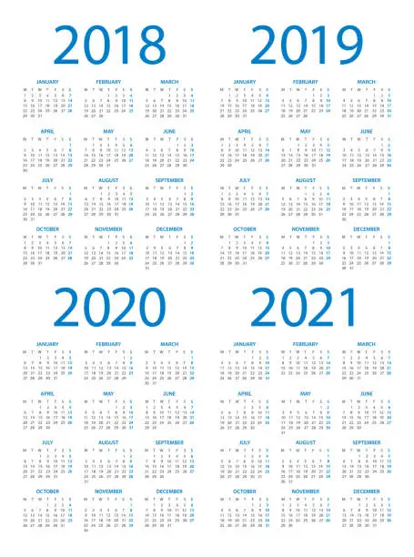 Vector illustration of Calendars 2018 2019 2020 2021 Blue Vertical - English European International Version. Days start from Monday