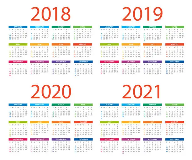 Vector illustration of Calendars 2018 2019 2020 2021 Color - American International Version. Days start from Sunday