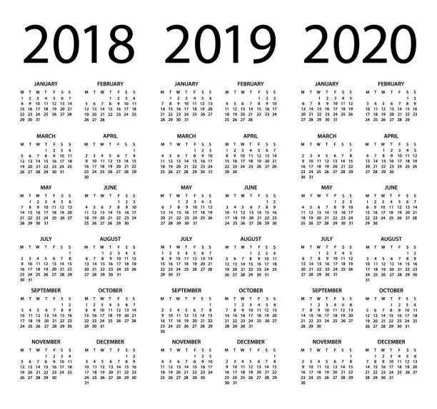 Vector illustration of Calendars 2018 2019 2020 Black Vertical - English European International Version. Days start from Monday