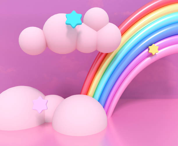 istock 3D render Illustration. Cartoon rainbow, clouds and stars. 1033369354