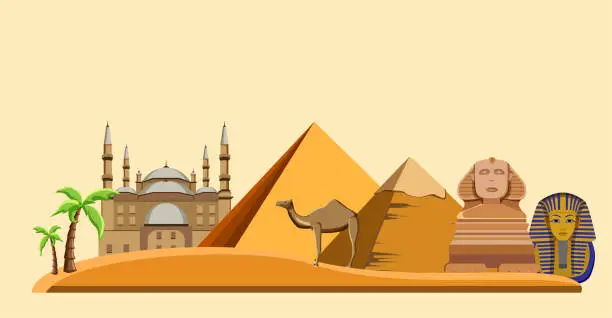 Vector illustration of Egypt background with Great Sphinx and pyramids.