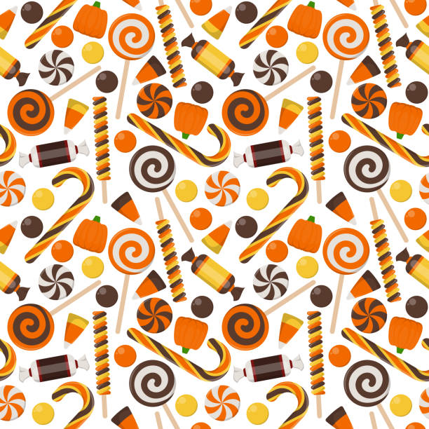 illustrazioni stock, clip art, cartoni animati e icone di tendenza di modello senza cuciture caramelle di halloween - pumpkin autumn pattern repetition