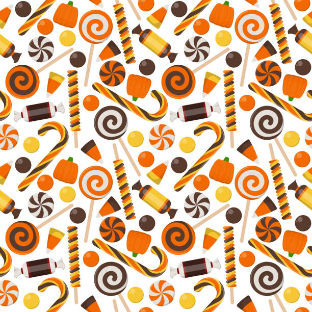 ilustrações de stock, clip art, desenhos animados e ícones de halloween candy seamless pattern - pumpkin autumn pattern repetition