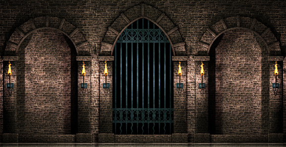 Medieval castle arches with iron gate.3d illustration.