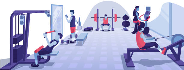 ilustraciones, imágenes clip art, dibujos animados e iconos de stock de personas ejercicio en el gimnasio. - centro de bienestar ilustraciones