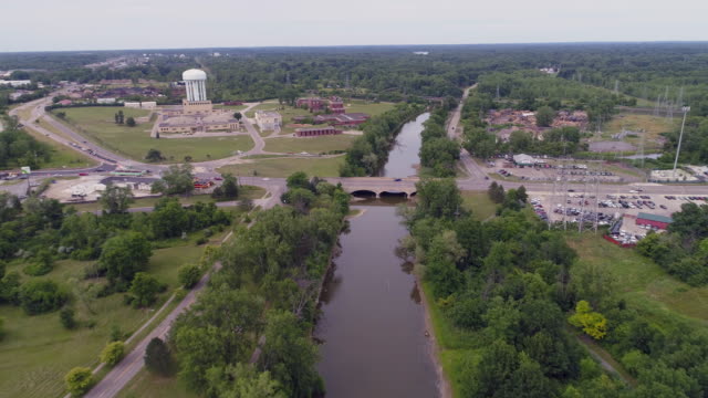 Aerial dirty river Flint, Michigan