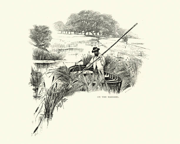 Vintage engraving of a Boatman on the marshes, near Rye, Sussex, 19th Century.