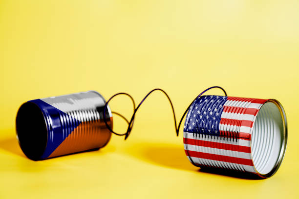 istock tin can phone with USA and Czech Flags. communication concept 1033412796