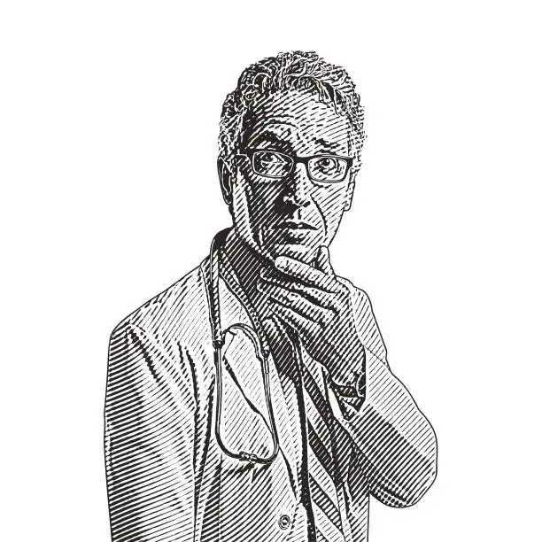 Vector illustration of Senior Male Doctor with a pensive facial expression