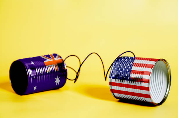 istock tin can phone with USA and Australia flags. communication concept 1033438150