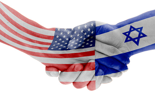 Flags of USA and Israel countries with handshake isolated on white