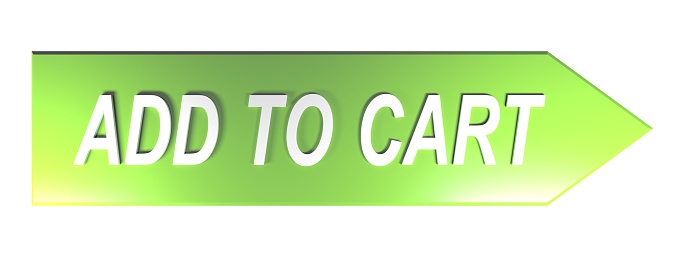 The write ADD TO CART in white letters on a green arrow pointing to the right, on white background - 3D rendering illustration