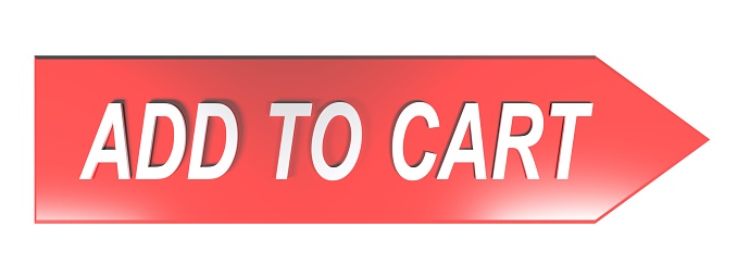 The write ADD TO CART in white letters on a red arrow pointing to the right, on white background - 3D rendering illustration