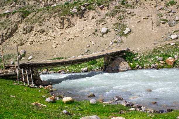 Wooden bridge over mountain river
