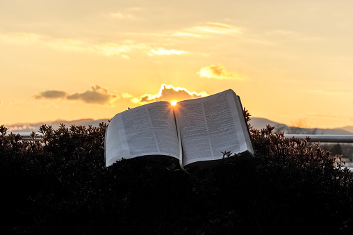 The Holy Bible (Word of God) opened during a glorious golden sunset. Sun in the center of the Bible. Background with clouds and Bright sun and intense orange and gold color. Horizontal shot.