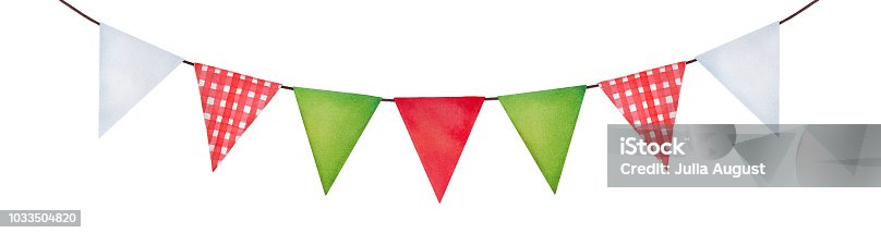 istock Cute festive hanging bunting in green, red, white colors and checkered pattern. Cosy country side style, triangle shape. 1033504820