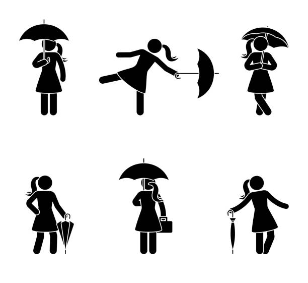 ilustrações de stock, clip art, desenhos animados e ícones de stick woman with umbrella icon set. black silhouette of female with rain resistant accessory on white - protection umbrella people stick figure