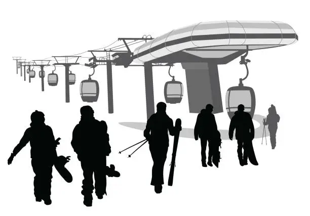 Vector illustration of Going Up The Gondola Snowboarders