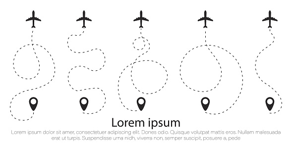 The airplane is in a dotted line. The waypoint is for a tourist trip. The dots and its track are on a white background. Vector illustration. Tourism and travel.