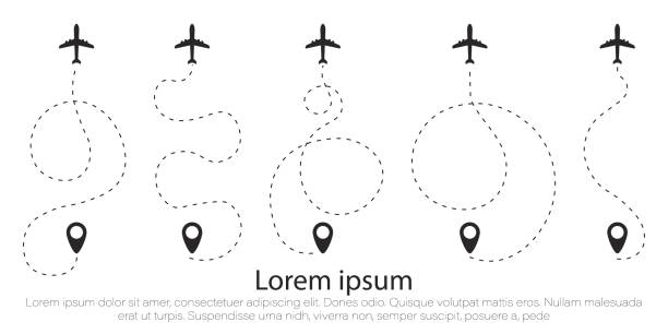 Set airplane, line. The airplane is in a dotted line. The waypoint is for a tourist trip. The dots and its track are on a white background. Vector illustration. Tourism and travel. aircraft point of view stock illustrations