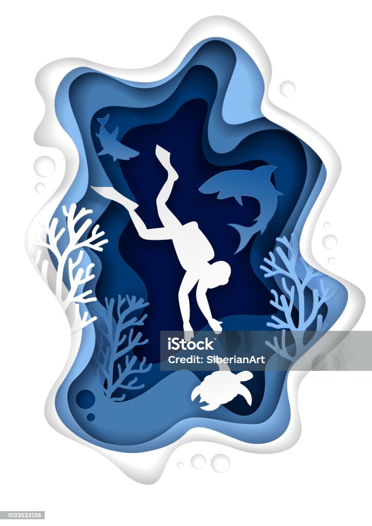 Underwater scuba diving vector paper cut illustration Vector paper cut underwater sea cave with coral reef fish seaweed and diver swimming with sea turtle and sharks. Underwater world landscape. Scuba diving poster banner design template. Underwater Diving stock vector