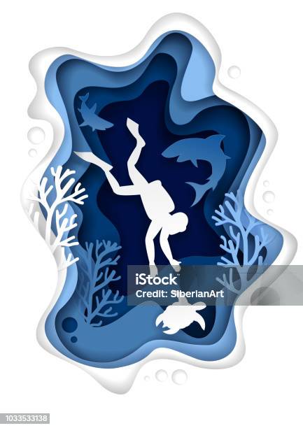 Underwater Scuba Diving Vector Paper Cut Illustration Stock Illustration - Download Image Now