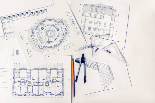 건축가 데스크에 청사진 - drawing compass blueprint engineering architecture 뉴스 사진 이미지