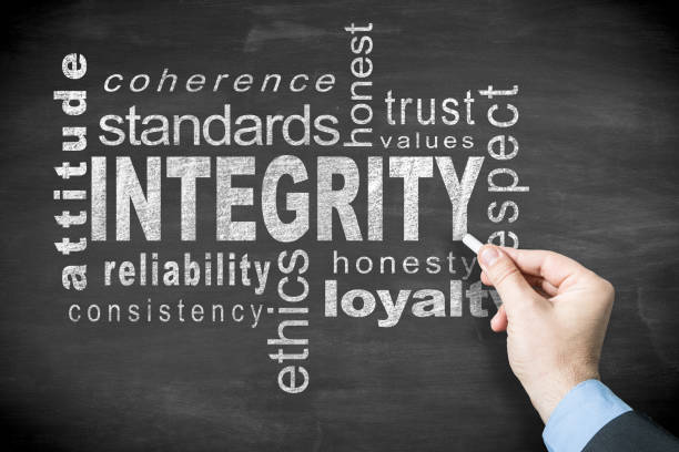 Integrity word cloud Hand drawing ’Integrity' related word cloud in white letters on a blackboard. The word 'Integrity' is in the center and approximately 12 words surround it and are positioned both horizontally and vertically. honesty stock pictures, royalty-free photos & images